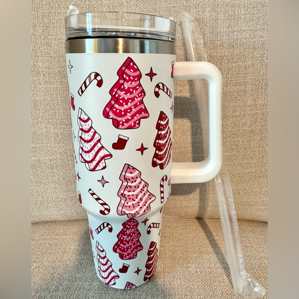 New XL Christmas Tree Cake Stainless Steel Metal Travel Mug Cup Tumbler 40oz